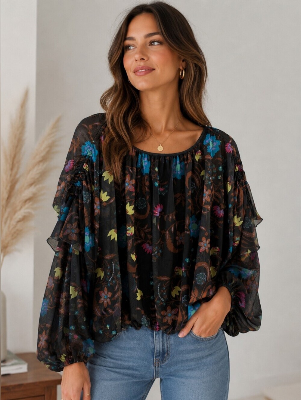2/$40 Free People Black Floral Sheer Balloon-Sleeve Blouse